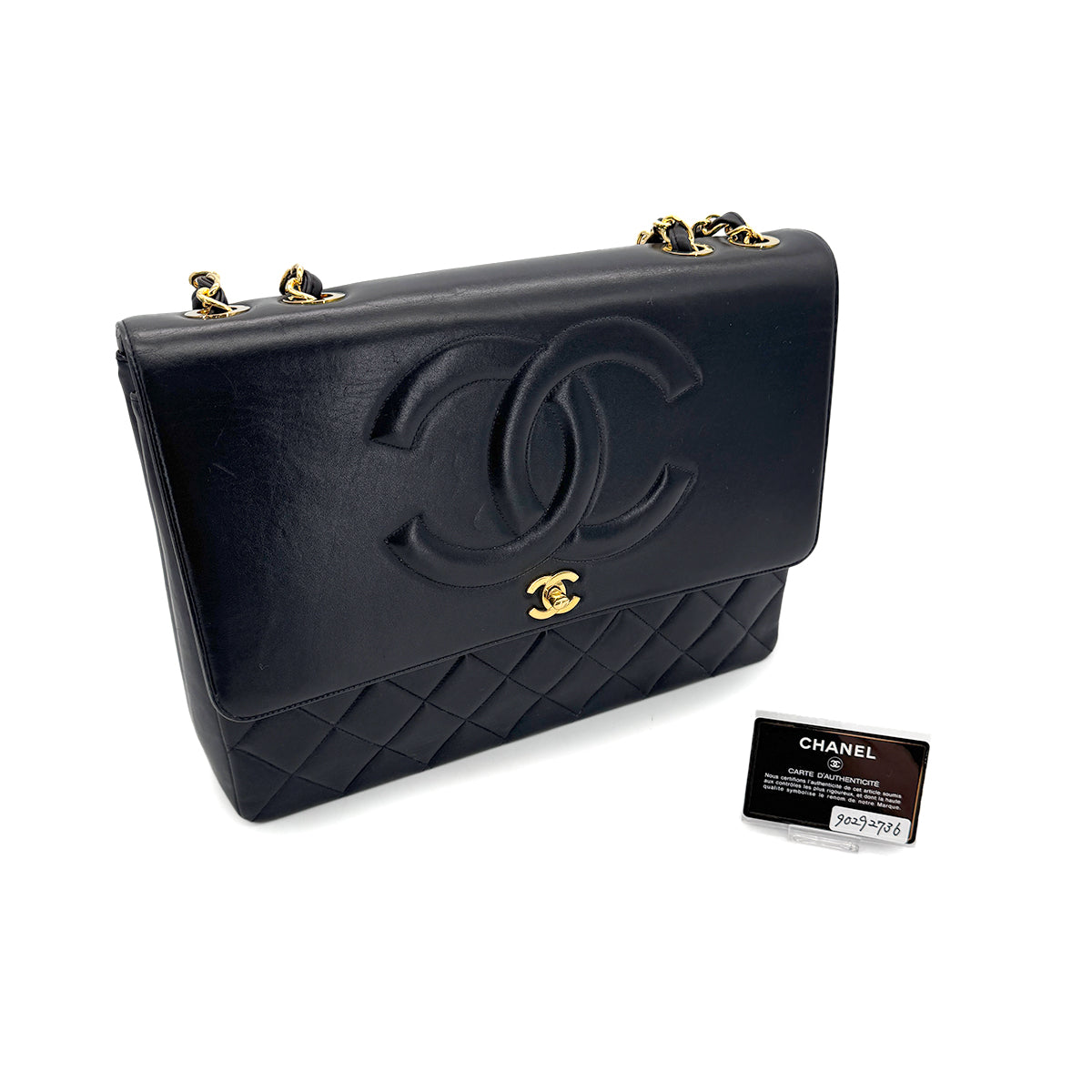 CHANEL VINTAGE BIG COCO MATELASSE CHAIN SHOULDER BAG BLACK LAMB SKIN 90292736