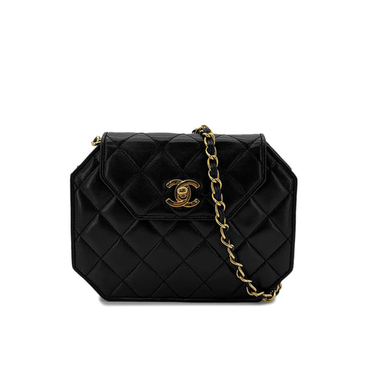 CHANEL VINTAGE MATELASSE OCTAGON CHAIN SHOULDER BAG BLACK LAMB SKIN 90292740