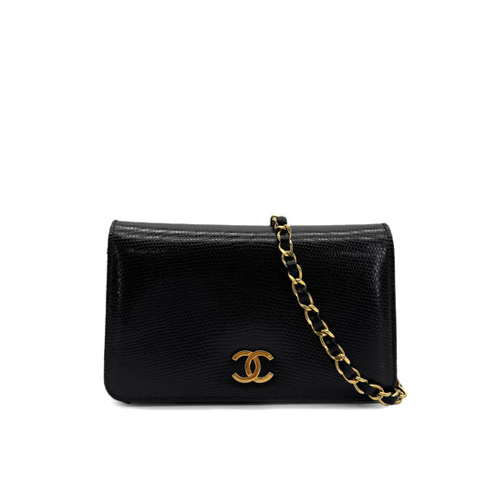CHANEL VINTAGE FULL FLAP CHAIN SHOULDER BAG BLACK LIZARD 90292743