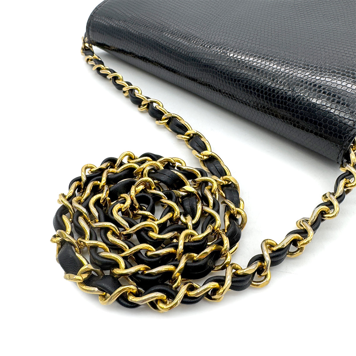 CHANEL VINTAGE FULL FLAP CHAIN SHOULDER BAG BLACK LIZARD 90292743