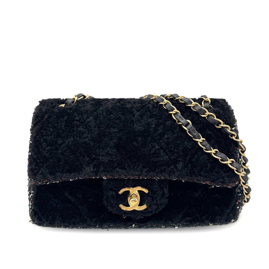 CHANEL MATELASSE CHAIN SHOULDER BAG BLACK FAR TWEED SEQUINS 90292747