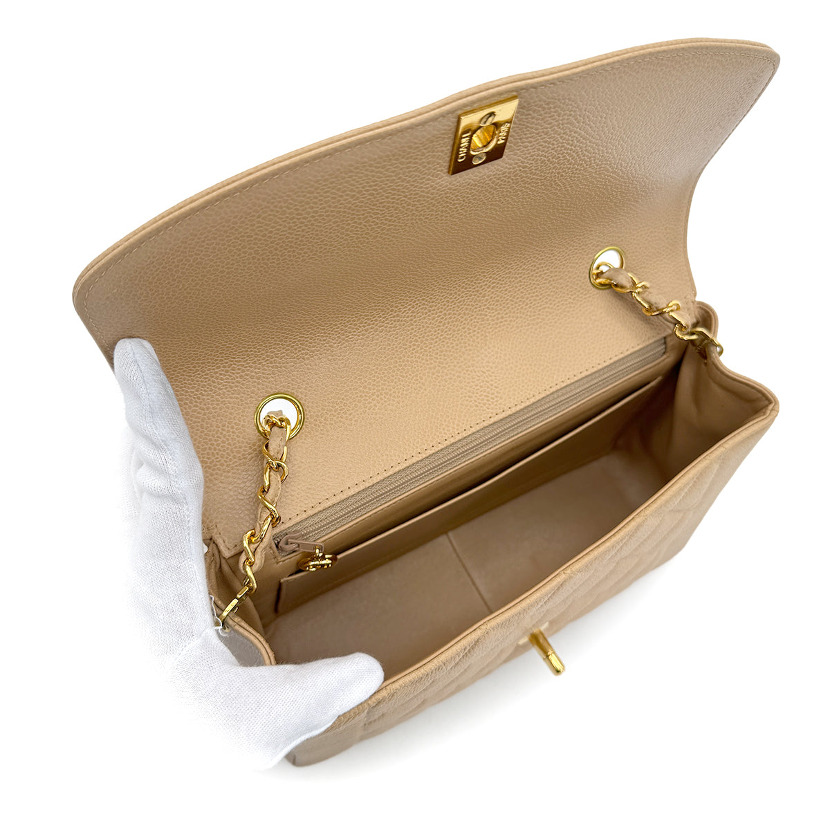 CHANEL VINTAGE MATELASSE CHAIN SHOULDER BAG BEIGE CAVIAR SKIN 90292750