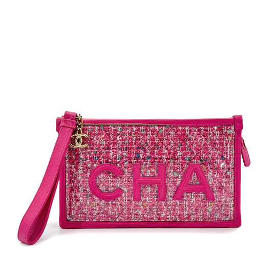 CHANEL 2019 SS PRET-A-PORTER COLLECTION PVC LOGO CLUTCH BAG PINK TWEED 90292785