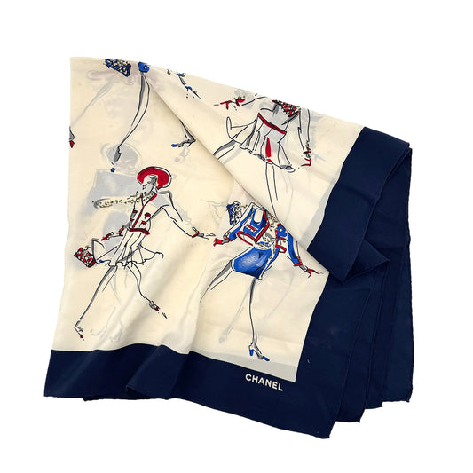 CHANEL VINTAGE MADEMOISELLE SCARF BEIGE NAVY SILK 90292790