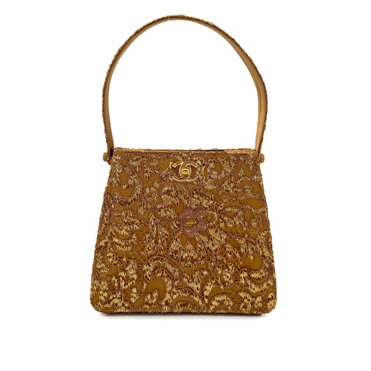 CHANEL VINTAGE W TURN LOCK HAND BAG BROWN GOLD SATIN 90292993