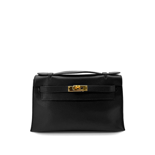 HERMES KELLY POCHETTE SELLIER BLACK EVERGRAIN HAND BAG □I GHW 90293008