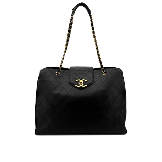 CHANEL VINTAGE SUPER MODEL BICOLORE CHAIN TOTE  BAG BLACK LEATHER 90293285