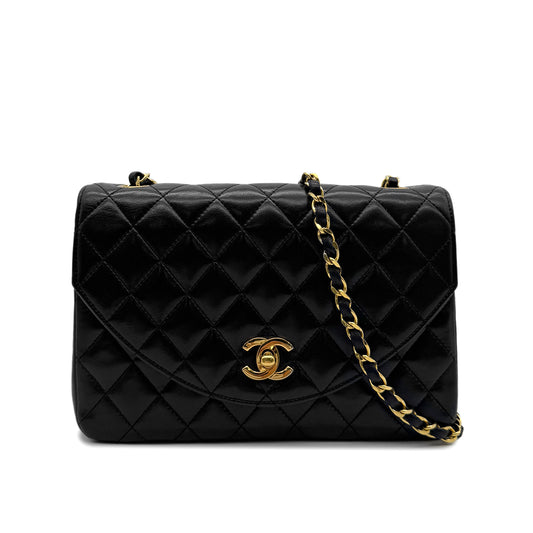 CHANEL VINTAGE MATELASSE HALF MOON CHAIN SHOULDER BAG BLACK LAMB SKIN 90294181