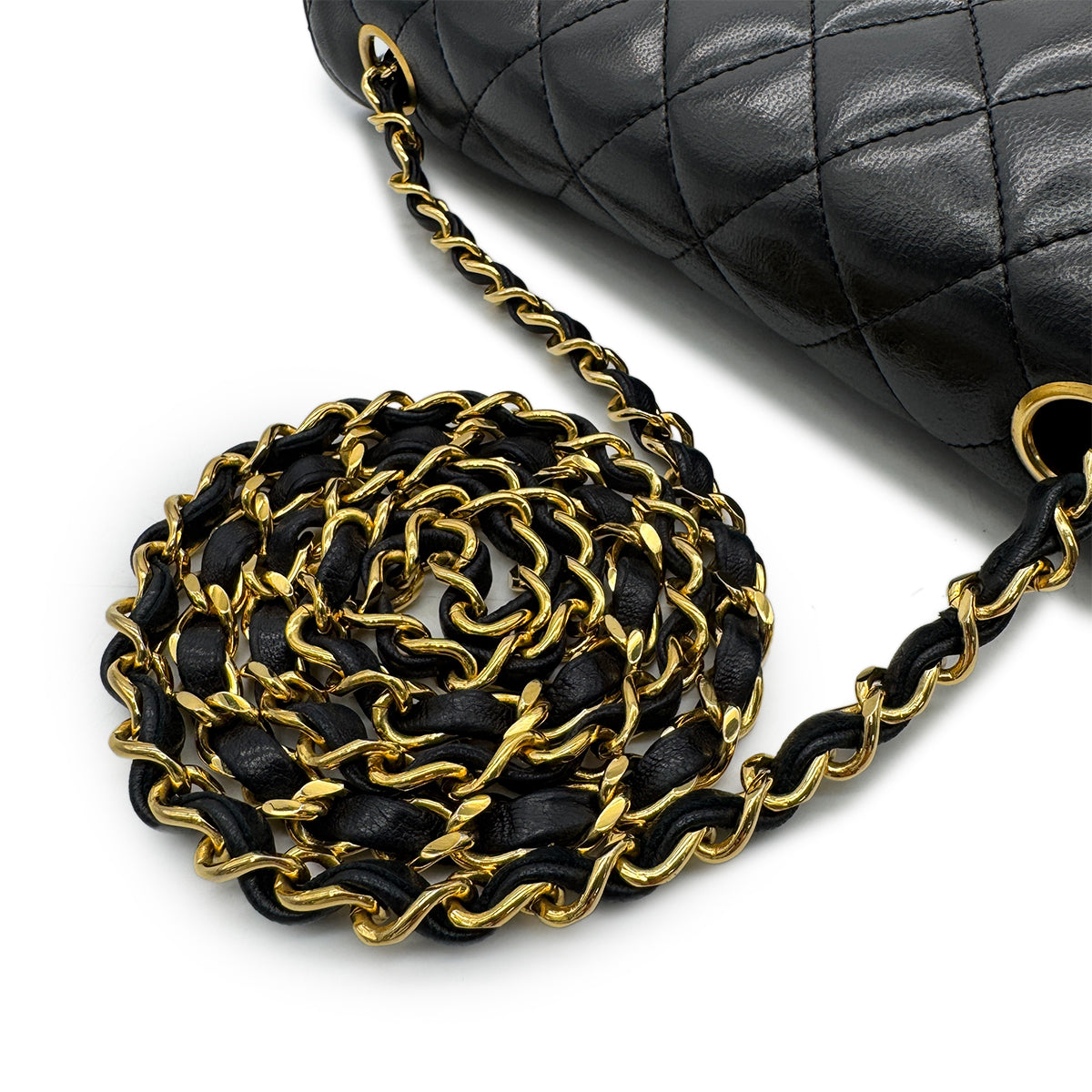 CHANEL VINTAGE MATELASSE HALF MOON CHAIN SHOULDER BAG BLACK LAMB SKIN 90294181