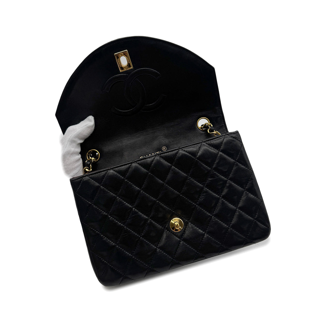 CHANEL VINTAGE MATELASSE HALF MOON CHAIN SHOULDER BAG BLACK LAMB SKIN 90294181