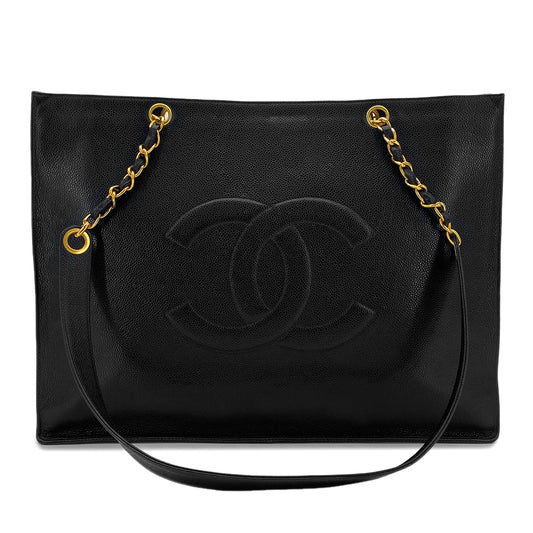 CHANEL VINTAGE BIG COCO CHAIN TOTE BAG BLACK CAVIAR SKIN 90294196