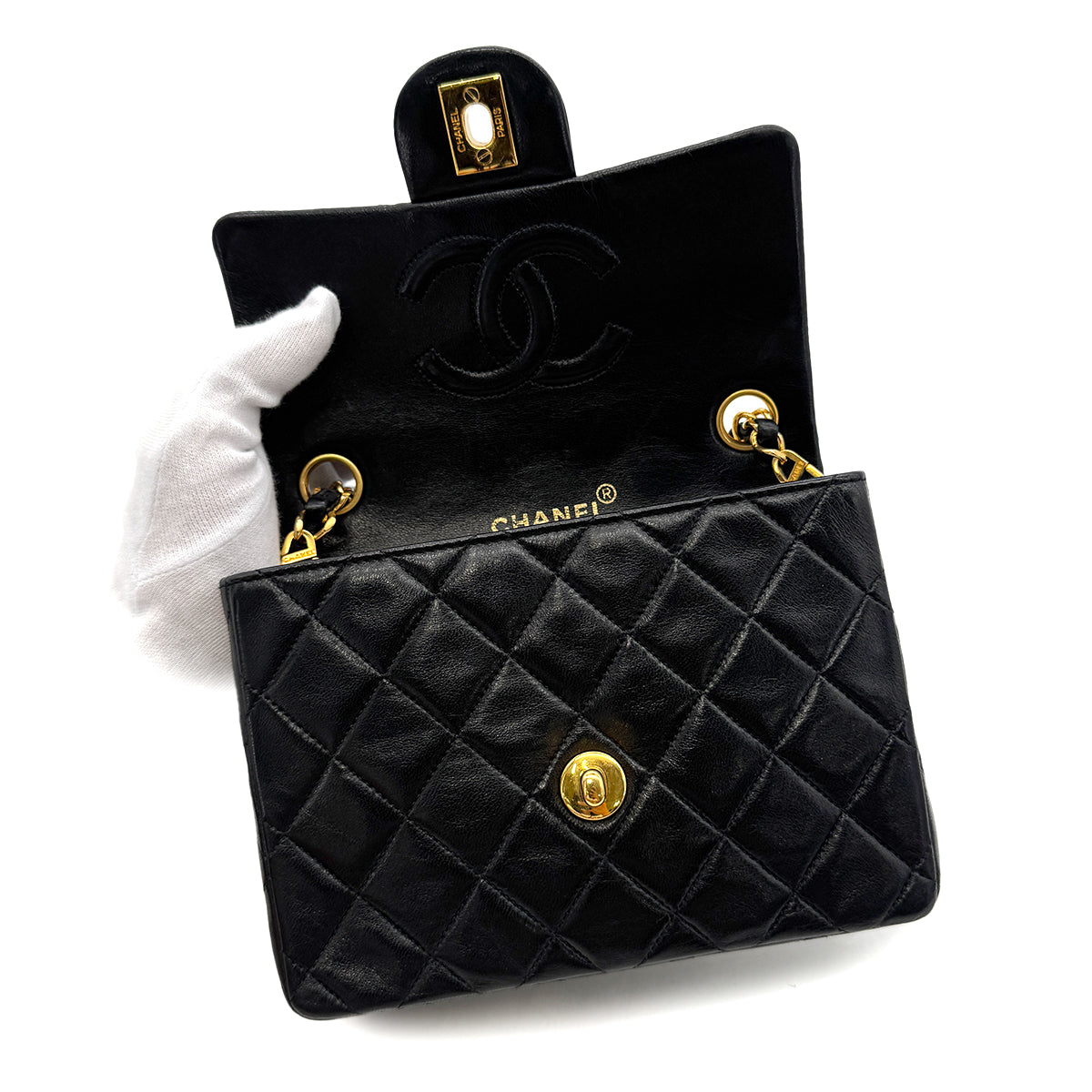 CHANEL VINTAGE MINI SQUARE 17 CHAIN SHOULDER BAG BLACK LAMB SKIN 90294203