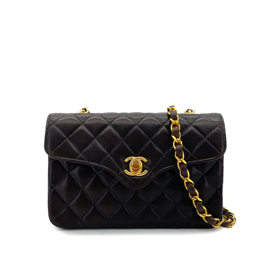 CHANEL VINTAGE MATELASSE MINI CHAIN SHOULDER BAG BROWN LAMB SKIN 90294375