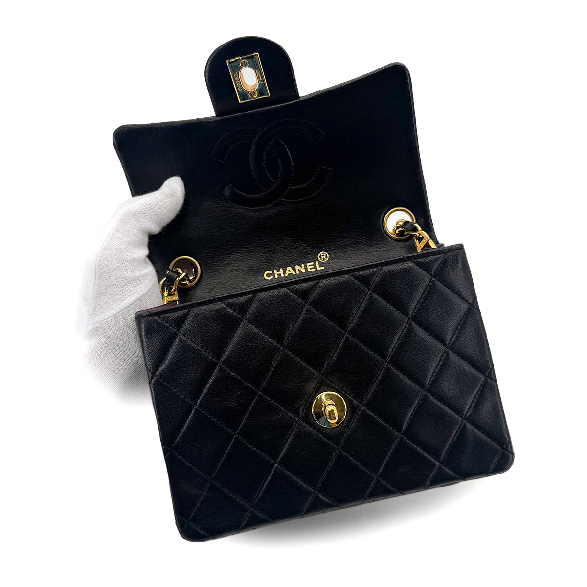 CHANEL VINTAGE MINI SQUARE 17 CHAIN SHOULDER BAG BLACK LAMB SKIN 90294800