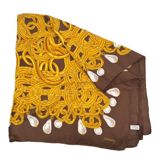 CHANEL VINTAGE SCARF COCOMARK BROWN GOLD WHITE SILK 90294807