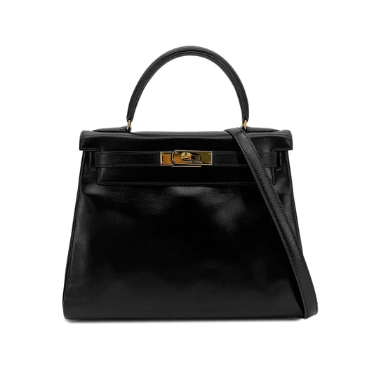 HERMES KELLY 28 RETOURNE BLACK BOXCALF HAND SHOULDER BAG 〇U GHW 90294968