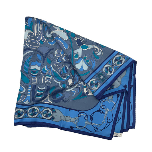 HERMES CARRE 90 SCARF FOLKLORE BLUE SILK 90295131