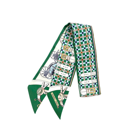 HERMES TWILLY LES VOITURES NOUVELLES SCARF GREEN SILK 90295743