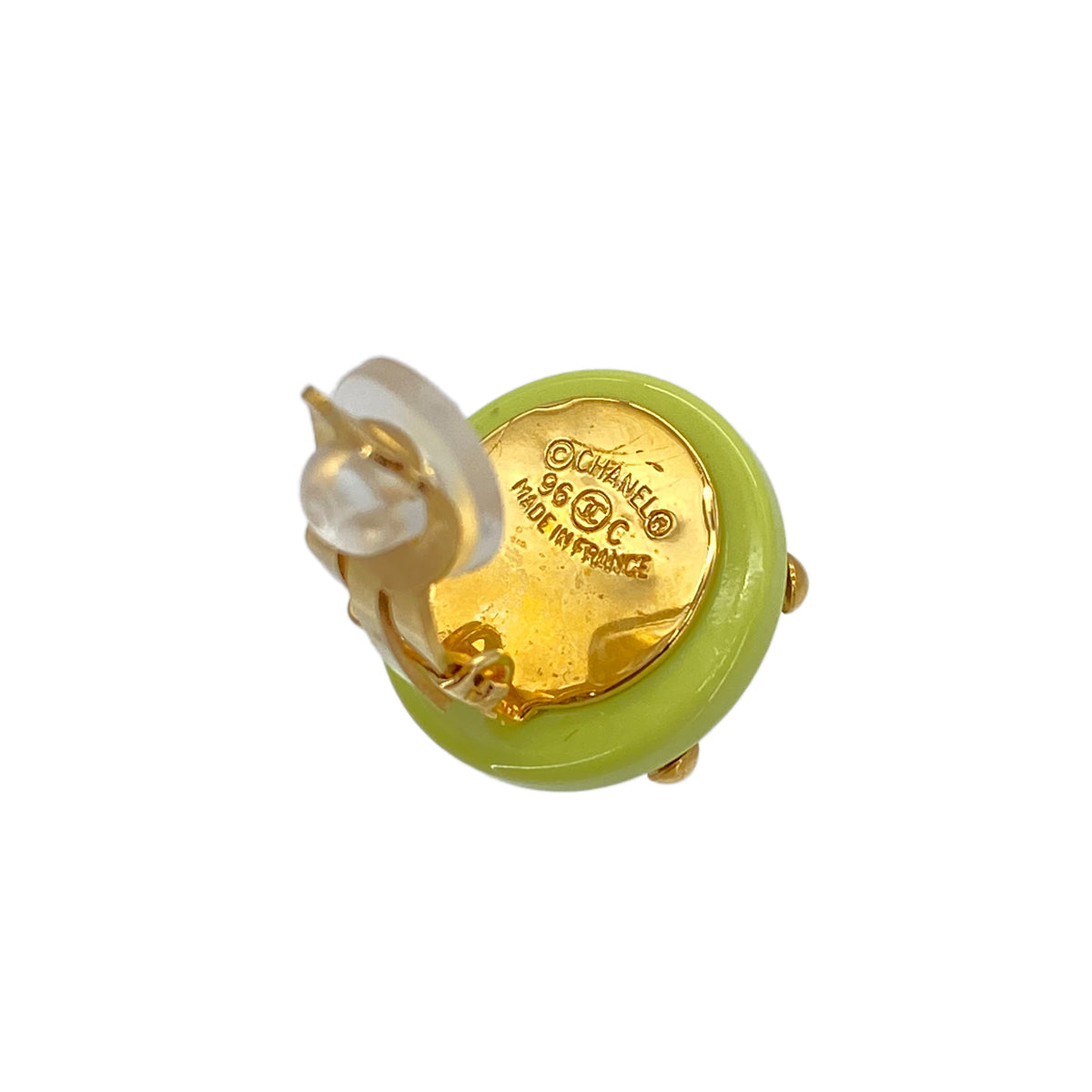 CHANEL VINTAGE EARRINGS COCOMARK ROUND LIGHT GREEN GOLD ACCESSORY 96C 90295750