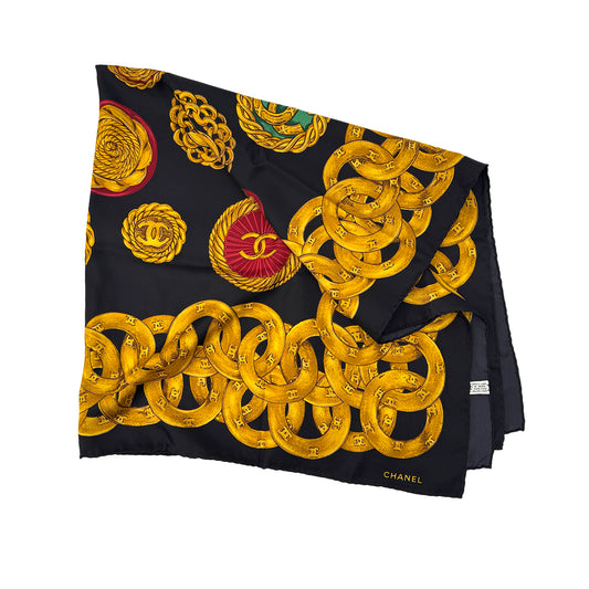 CHANEL VINTAGE SCARF COCOMARK GRIPOA CHAIN PATERN BLACK GOLD SILK 90295814