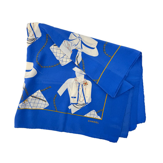 CHANEL VINTAGE SCARF MADEMOISELLE MATELASSE BLUE SILK 90295817
