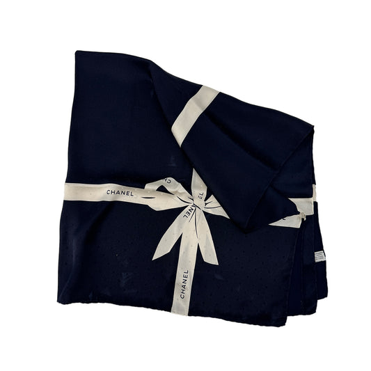 CHANEL VINTAGE SCARF LOGO RIBBON NAVY WHITE SILK 90295818