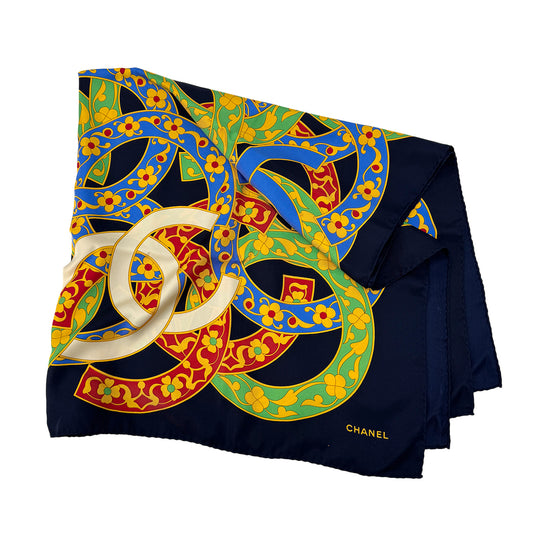 CHANEL VINTAGE SCARF COCOMARK FLOWER PATERN MULTICOLOR SILK 90295819