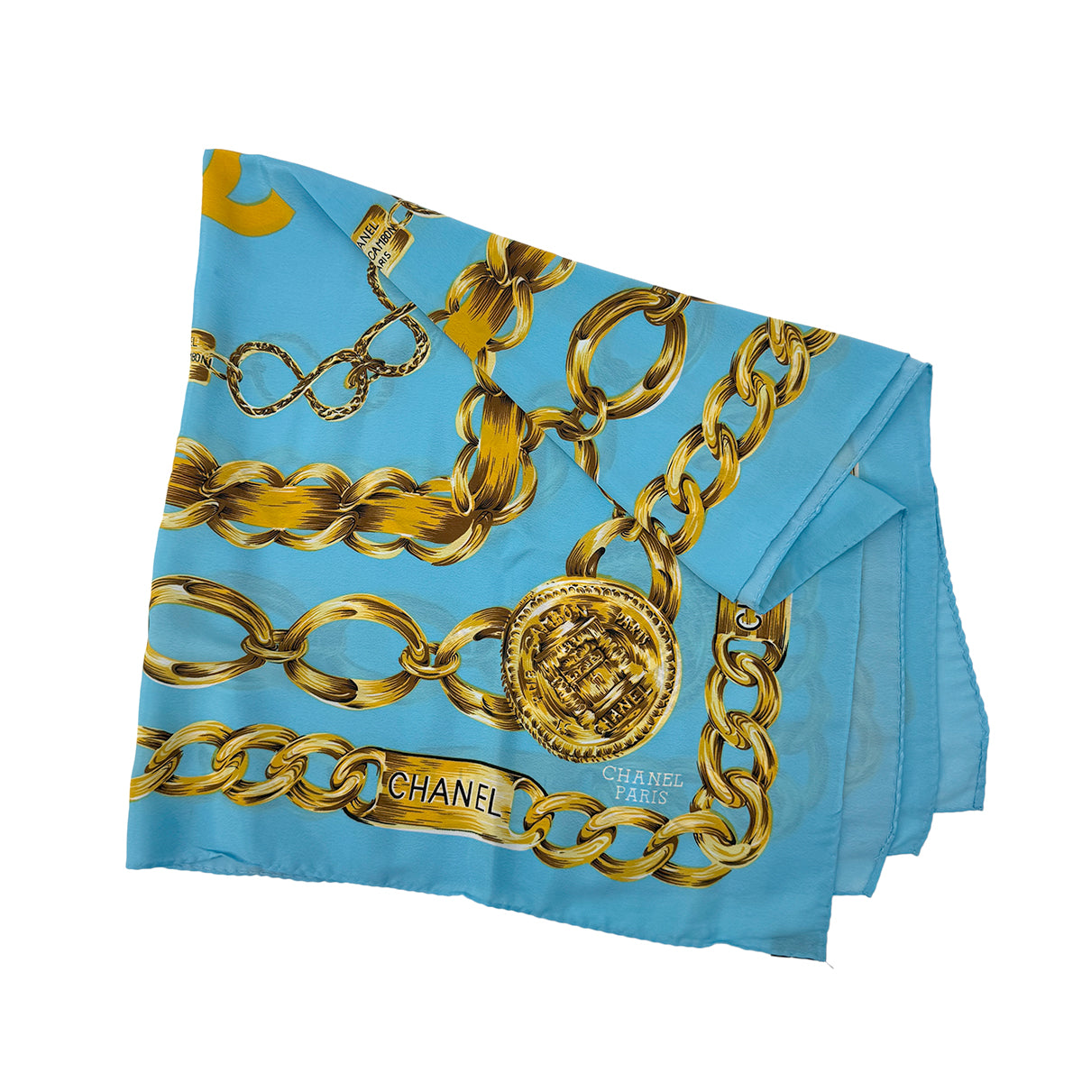 CHANEL VINTAGE SCARF COCOMARK CHAIN PATERN LIGHT BLUE YELLOW SILK 90295820