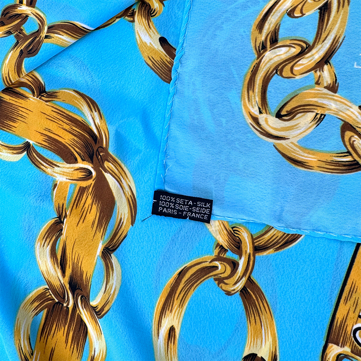 CHANEL VINTAGE SCARF COCOMARK CHAIN PATERN LIGHT BLUE YELLOW SILK 90295820