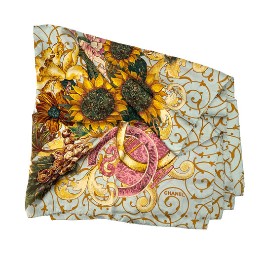 CHANEL VINTAGE FLOWER FRUIT MOTIF SCARF MULTICOLOR SILK 90295821