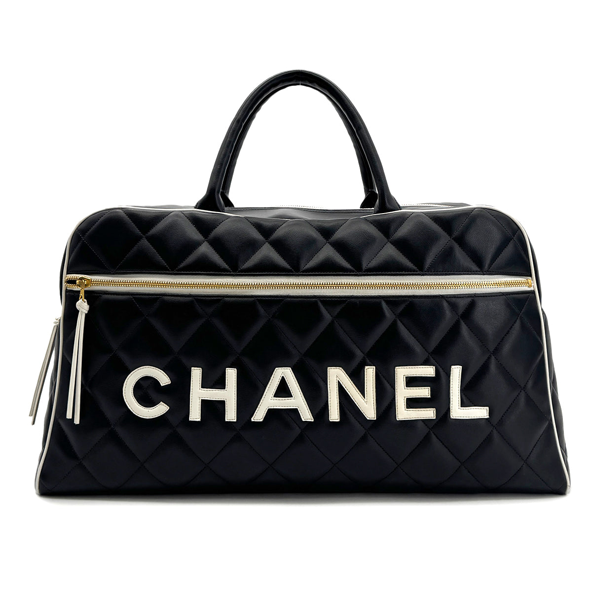 CHANEL VINTAGE MATELASSE LOGO BOSTON HAND BAG BLACK WHITE LEATHER 90295830