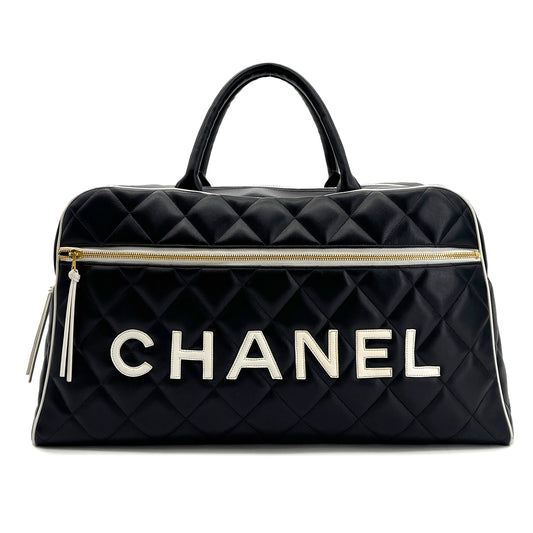 CHANEL VINTAGE MATELASSE LOGO BOSTON HAND BAG BLACK WHITE LEATHER 90295830