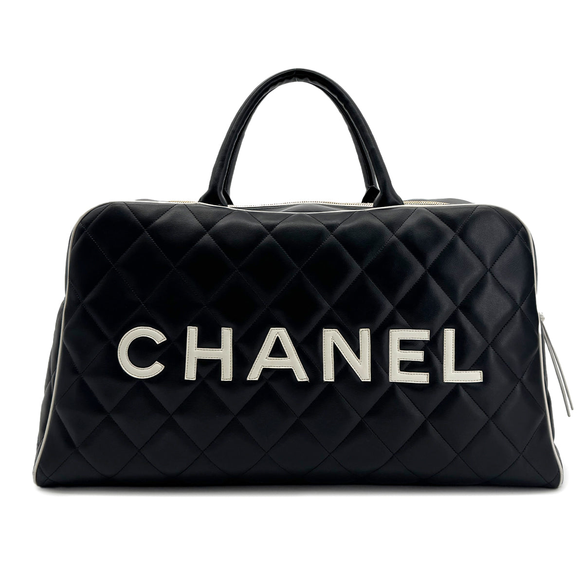 CHANEL VINTAGE MATELASSE LOGO BOSTON HAND BAG BLACK WHITE LEATHER 90295830