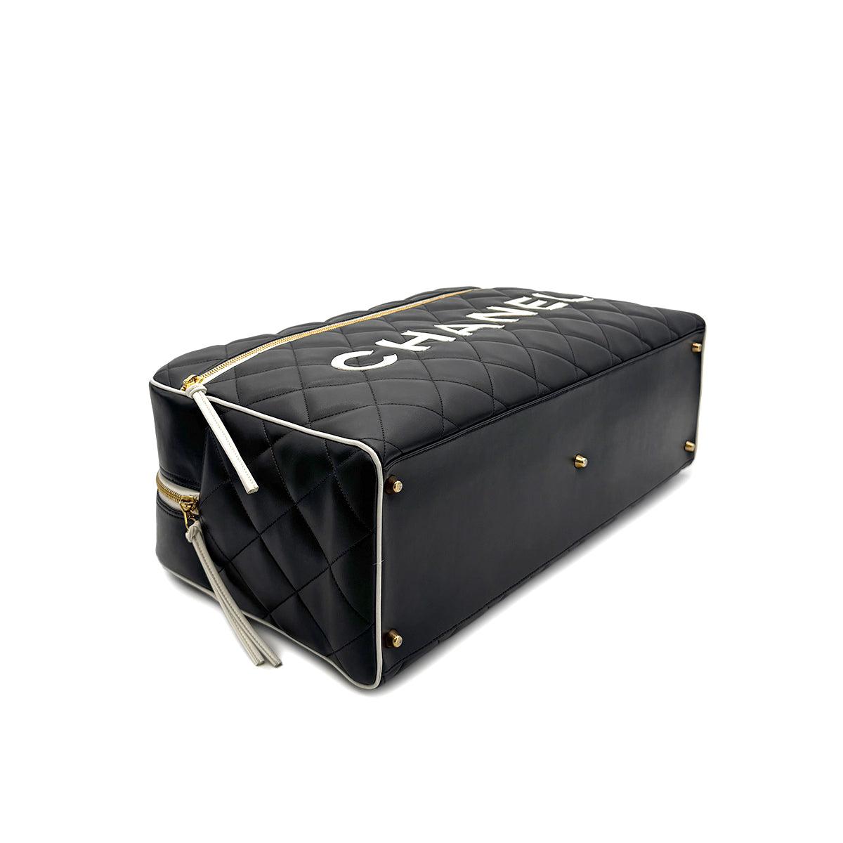 CHANEL VINTAGE MATELASSE LOGO BOSTON HAND BAG BLACK WHITE LEATHER 90295830