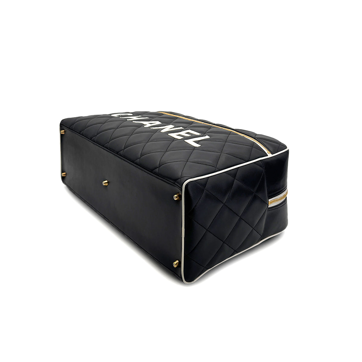 CHANEL VINTAGE MATELASSE LOGO BOSTON HAND BAG BLACK WHITE LEATHER 90295830