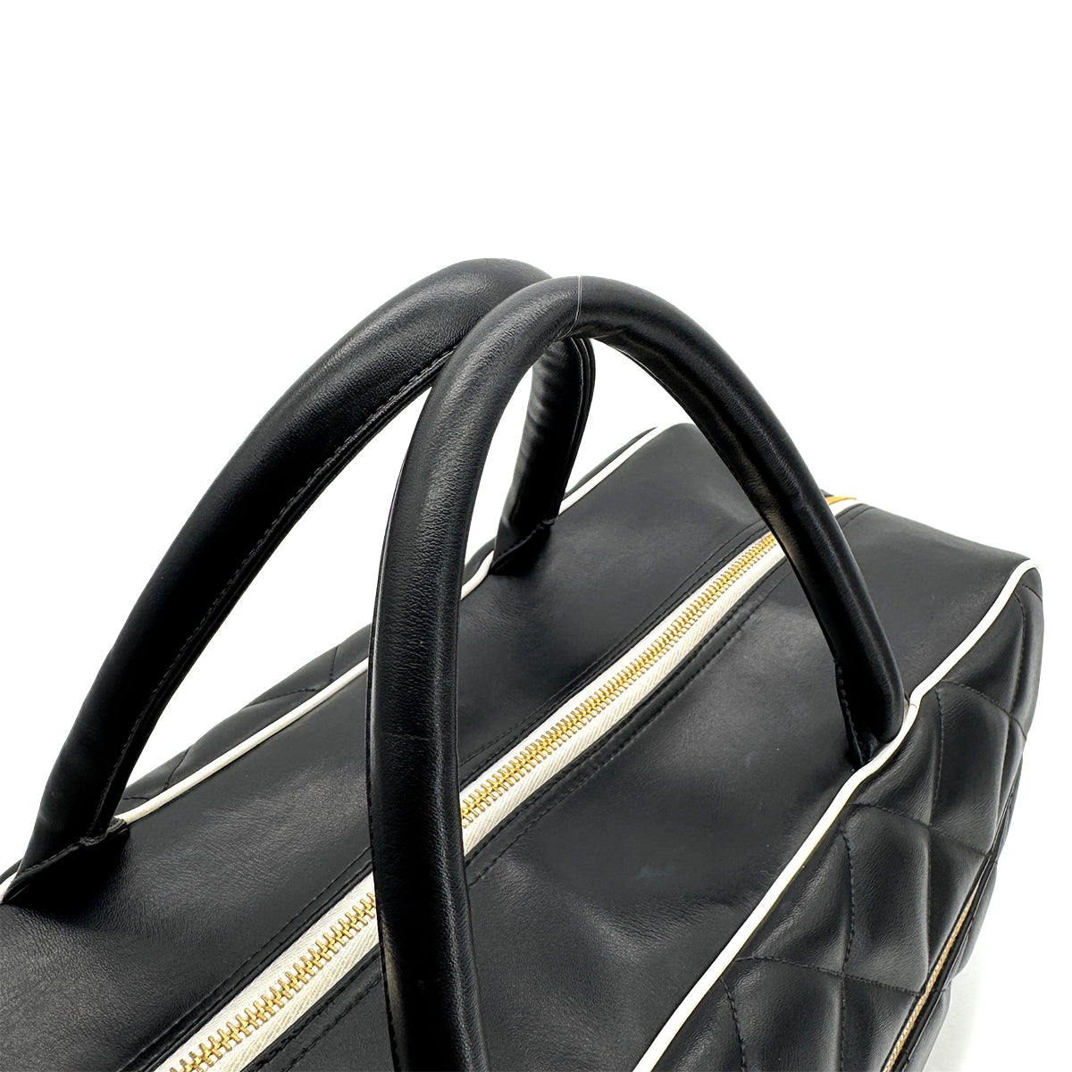 CHANEL VINTAGE MATELASSE LOGO BOSTON HAND BAG BLACK WHITE LEATHER 90295830