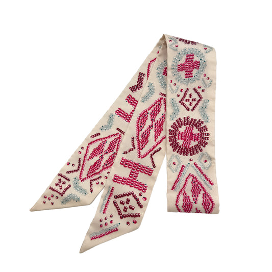 HERMES TWILLY KELLY EN PERLES SCARF IVORY PINK SILK 90295854