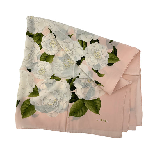 CHANEL VINTAGE CAMELLIA SCARF PINK WHITE SILK 90295857