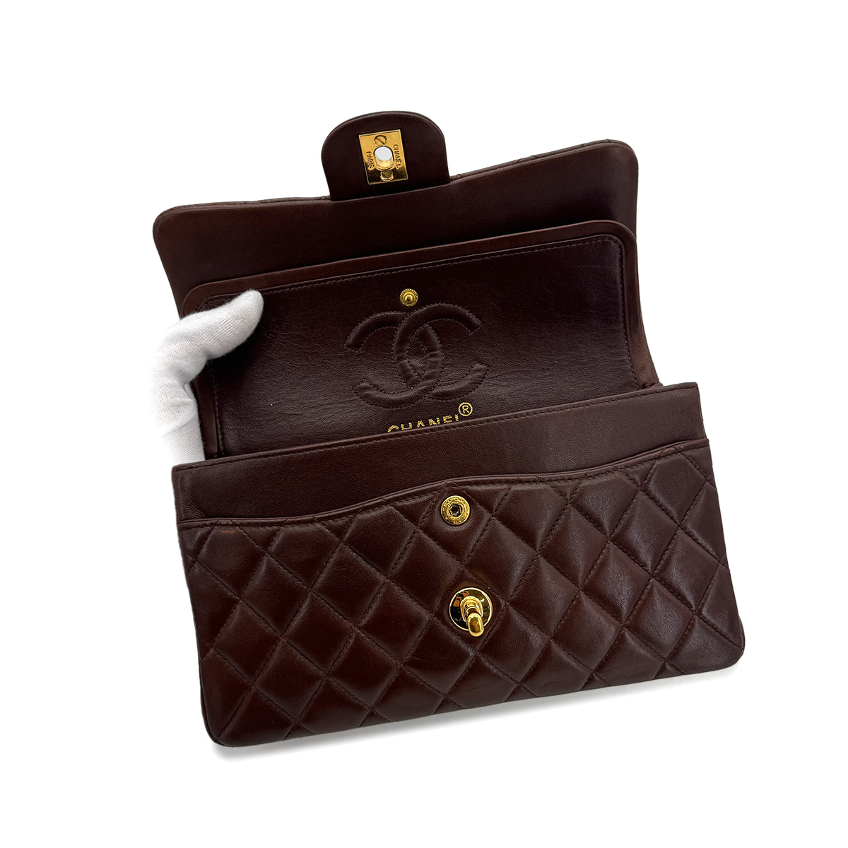 CHANEL VINTAGE CLASSIC FLAP SMALL CHAIN SHOULDER BAG BROWN LAMB SKIN 90296048