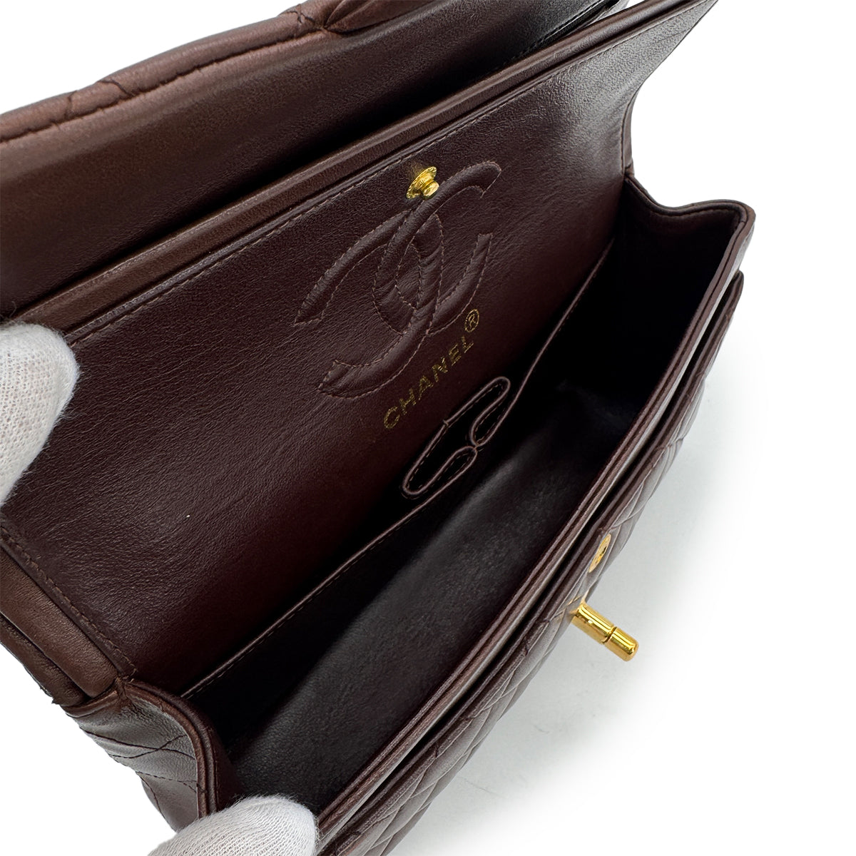 CHANEL VINTAGE CLASSIC FLAP SMALL CHAIN SHOULDER BAG BROWN LAMB SKIN 90296048