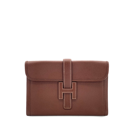 HERMES JIGE PM MARRON FONCE COURCHEVEL CLUTCH BAG 〇X 90296051