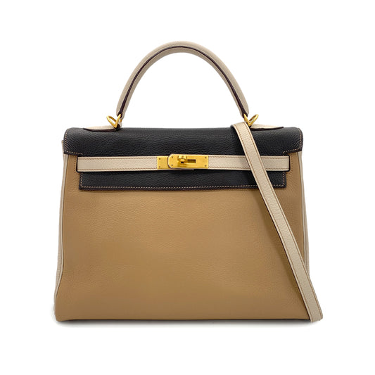 HERMES KELLY 32 RETOURNE TRICOLORE TABAC CAMEL ARGILE CHOCOLAT TAURILLON CLEMENCE HAND SHOULDER BAG □G GHW 90296446