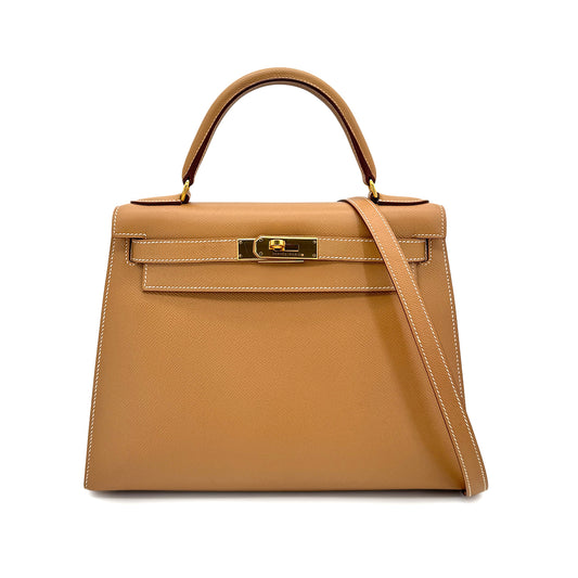 HERMES KELLY 28 SELLIER NATURAL COUCHEVEL HAND SHOULDER BAG □B GHW 90296447