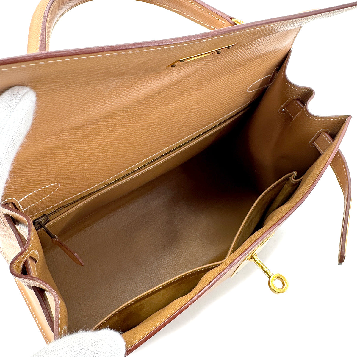HERMES KELLY 28 SELLIER NATURAL COUCHEVEL HAND SHOULDER BAG □B GHW 90296447