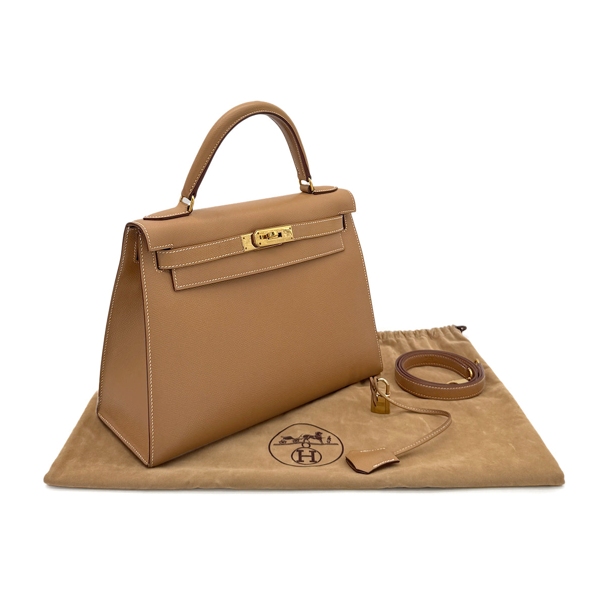 HERMES KELLY 28 SELLIER NATURAL COUCHEVEL HAND SHOULDER BAG □B GHW 90296447