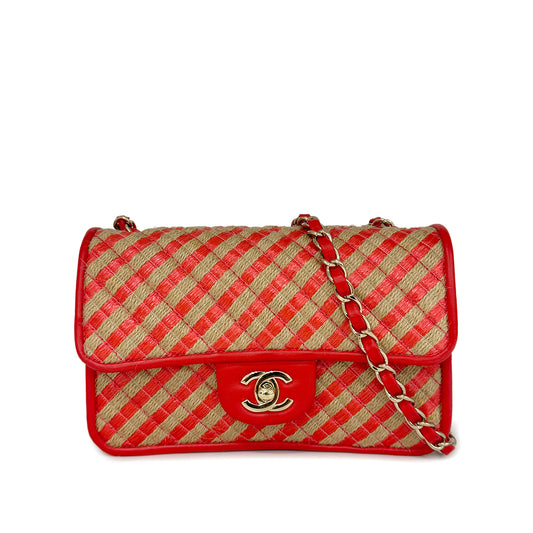 CHANEL CHAIN SHOULDER BAG ORANGE RAFIA LEATHER 90296555