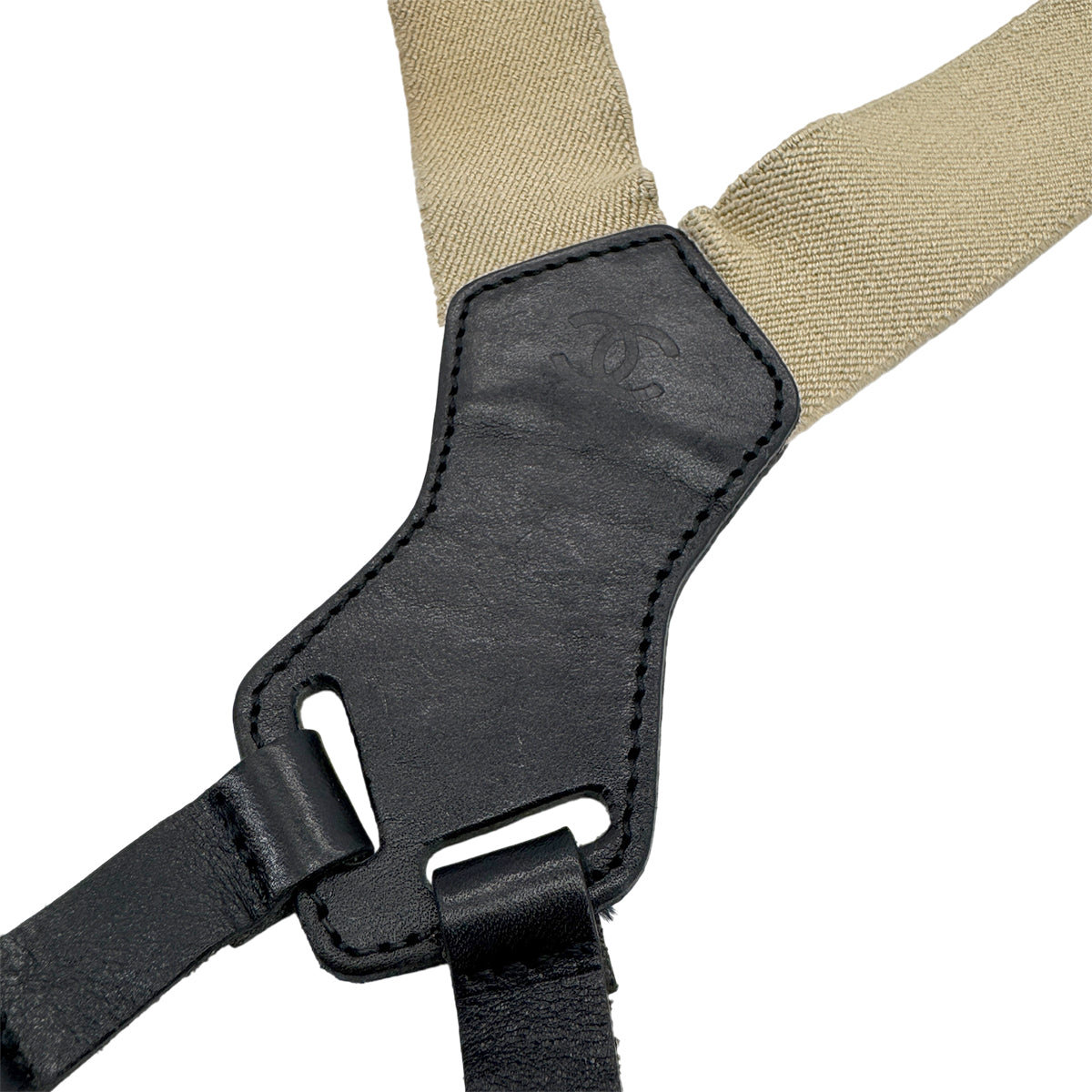 CHANEL VINTAGE SUSPENDER LOGO BEIGE BLACK CANVAS LEATHER 90296572