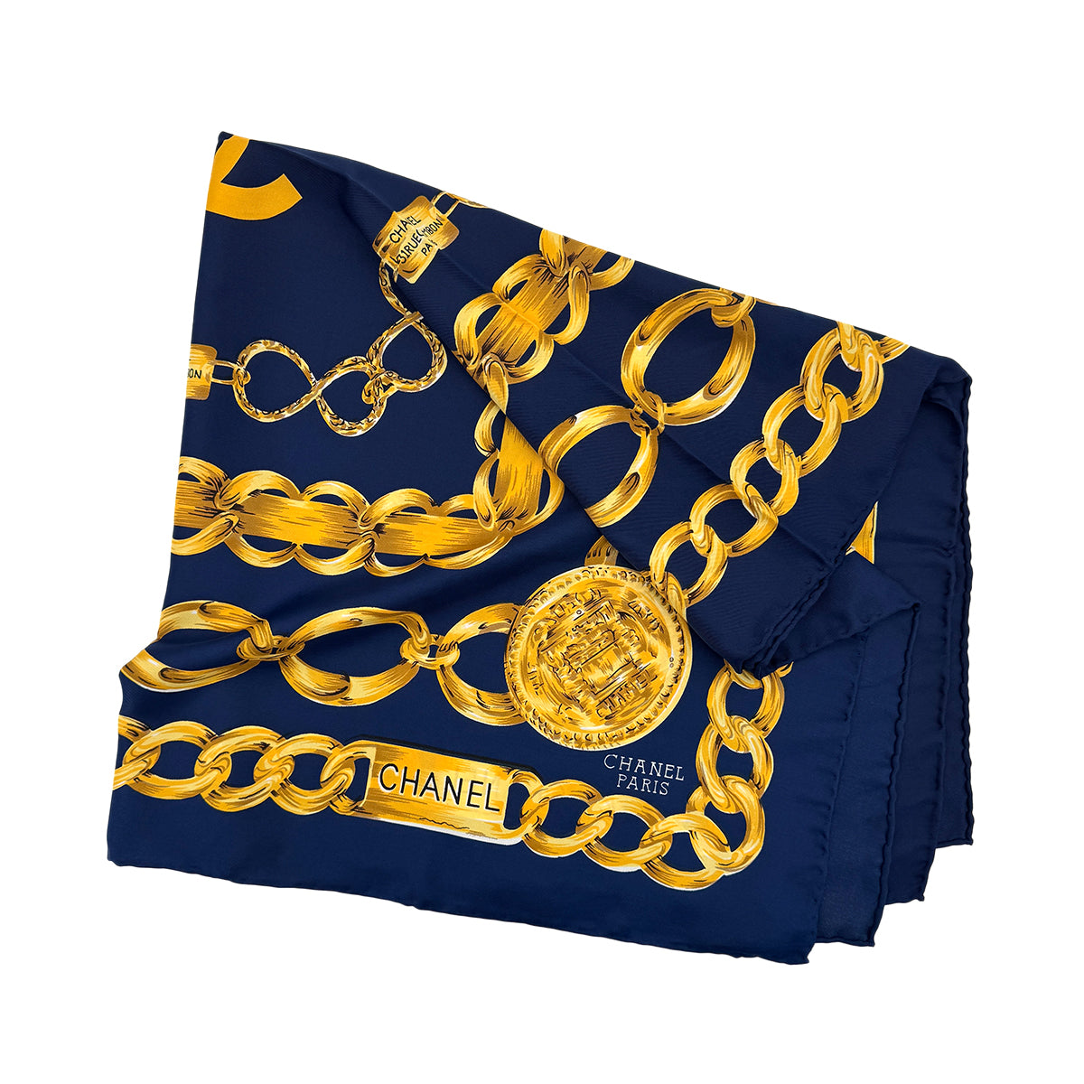 CHANEL VINTAGE SCARF COCOMARK CHAIN PATERN NAVY YELLOW SILK 90296575
