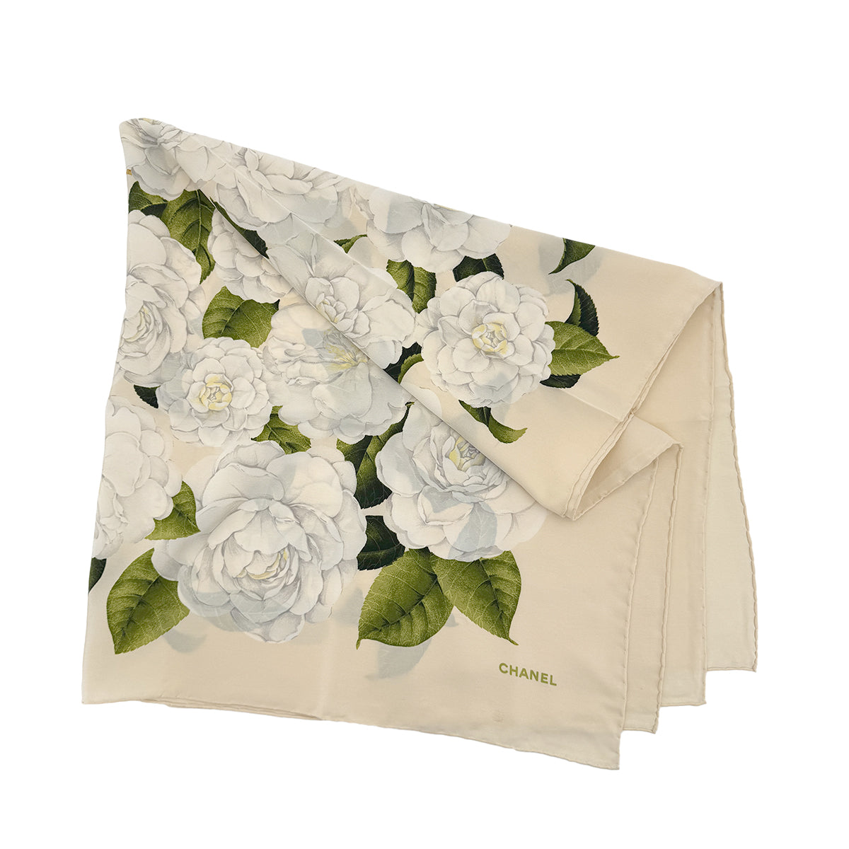 CHANEL VINTAGE CAMELLIA SCARF BEIGE WHITE SILK 90296578