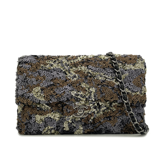 CHANEL CHAIN SHOULDER BAG GRAY BRONZE SEQUINS LEATHER 90296680